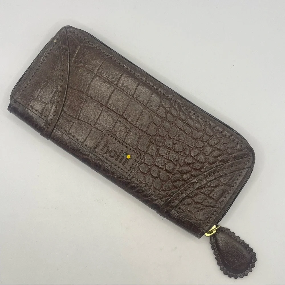 Y2K Holii Brown Embossed Leather Wallet With Antiqued Gold Hardware